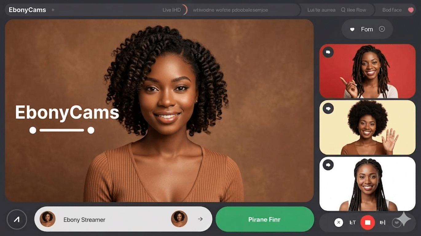 EbonyCams interface preview with featured creators and navigation layout