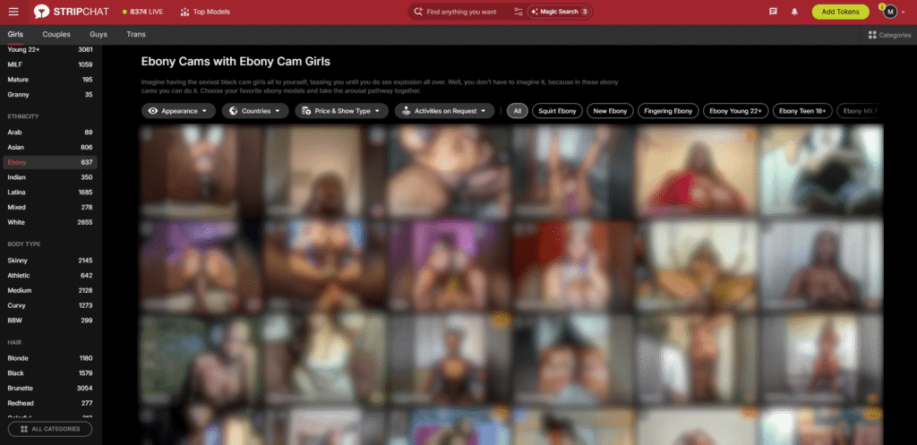 Stripchat ebony cams category and live room discovery