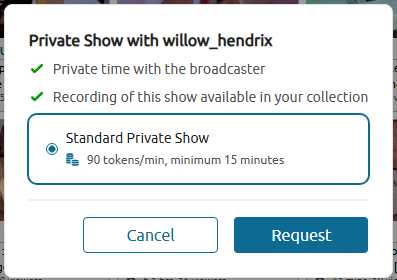 Chaturbate private session pricing example with per-minute rate and minimum duration