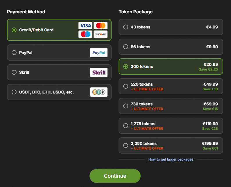 Stripchat token package prices and purchase tiers in checkout