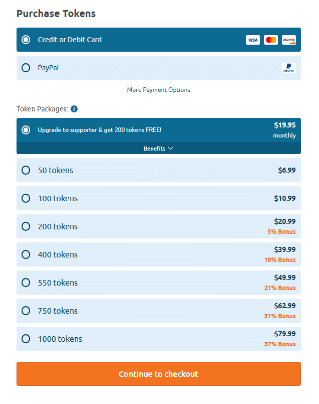 Chaturbate token package prices and bonuses in 2026 checkout screen