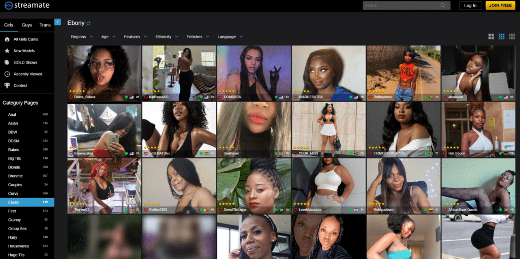 Streamate ebony category page with live model grid and category filters